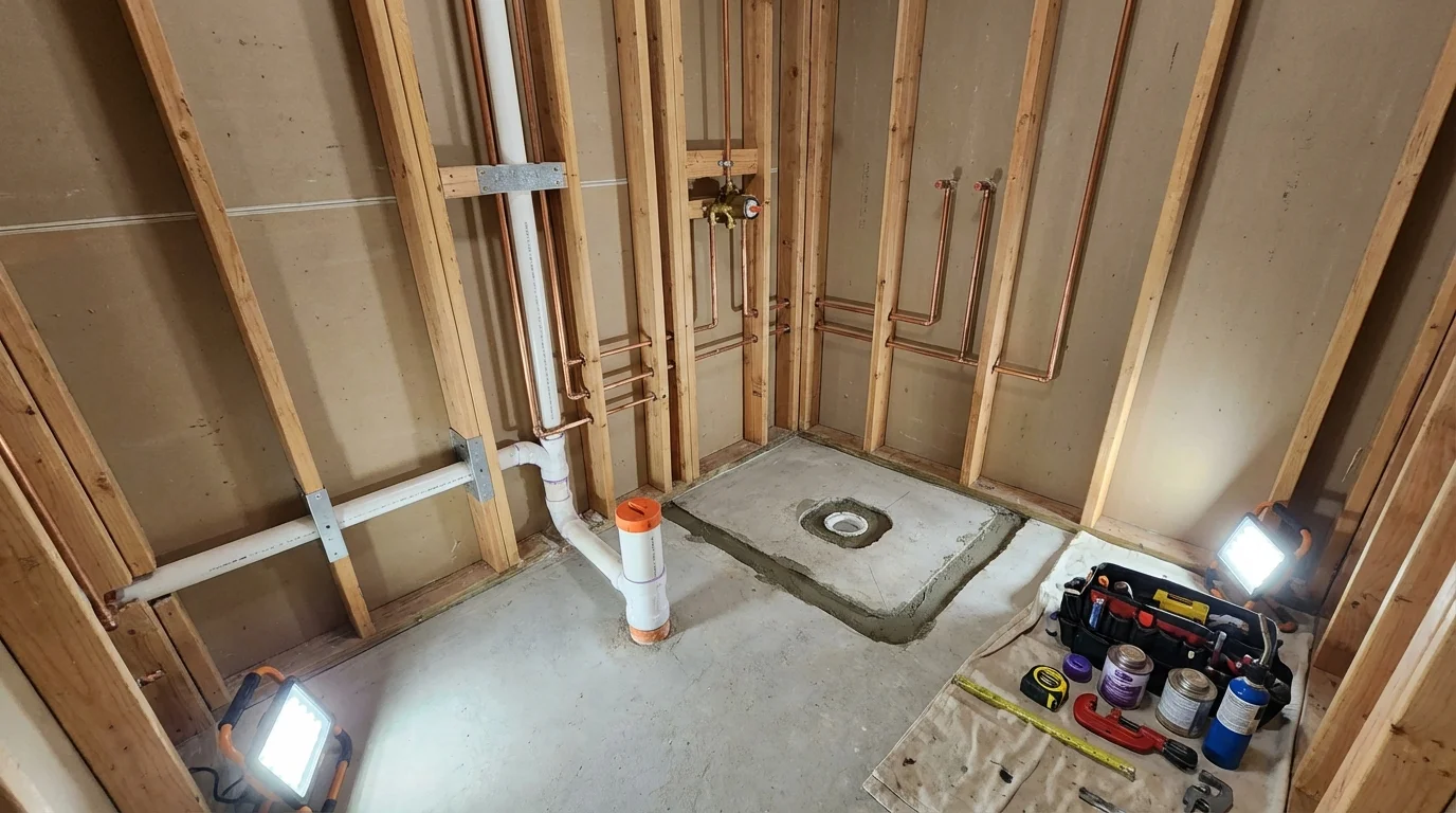 Bathroom rough-in plumbing during remodel by Johns Plumbing LLC in Galena