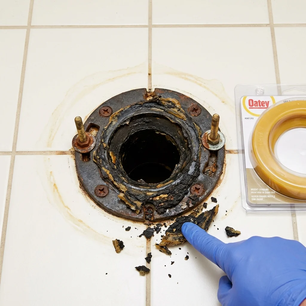 Failed wax ring showing water seepage at the base of a toilet in a Galena, MO home