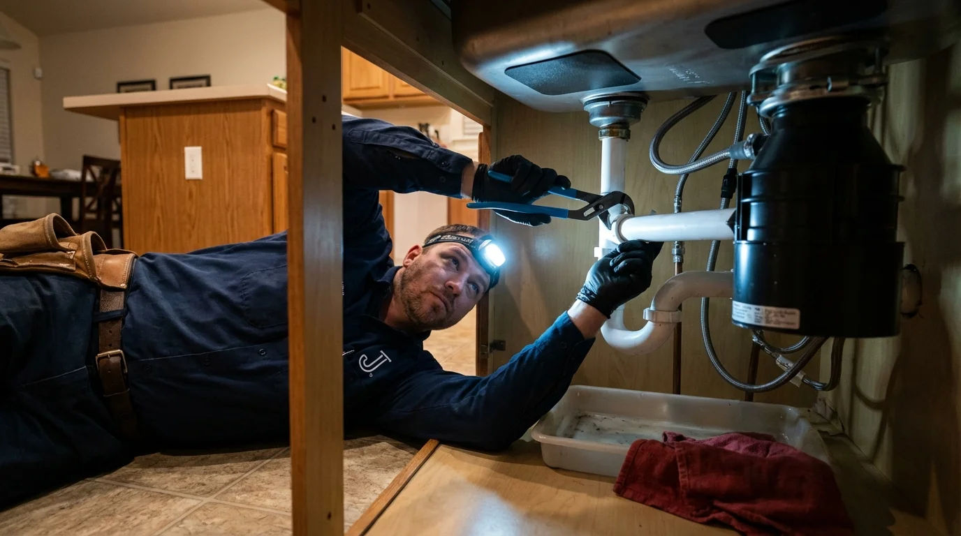 P-trap and supply line connections under a kitchen sink showing a common leak point in Galena, MO